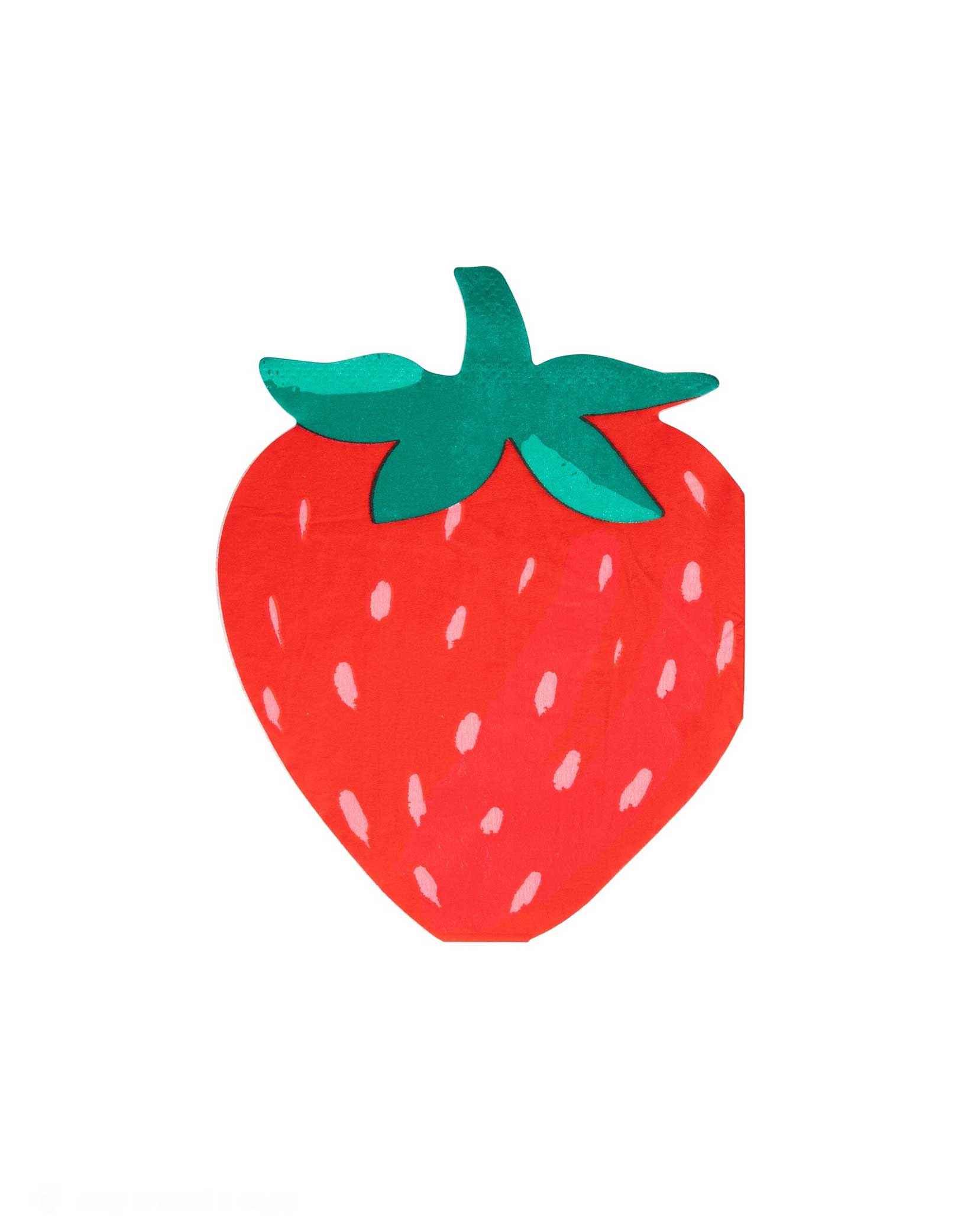 Momo Party's 5.25" x 4.25" Strawberry Shaped Guest Napkin by My Mind's Eye with a green stem on a white background.