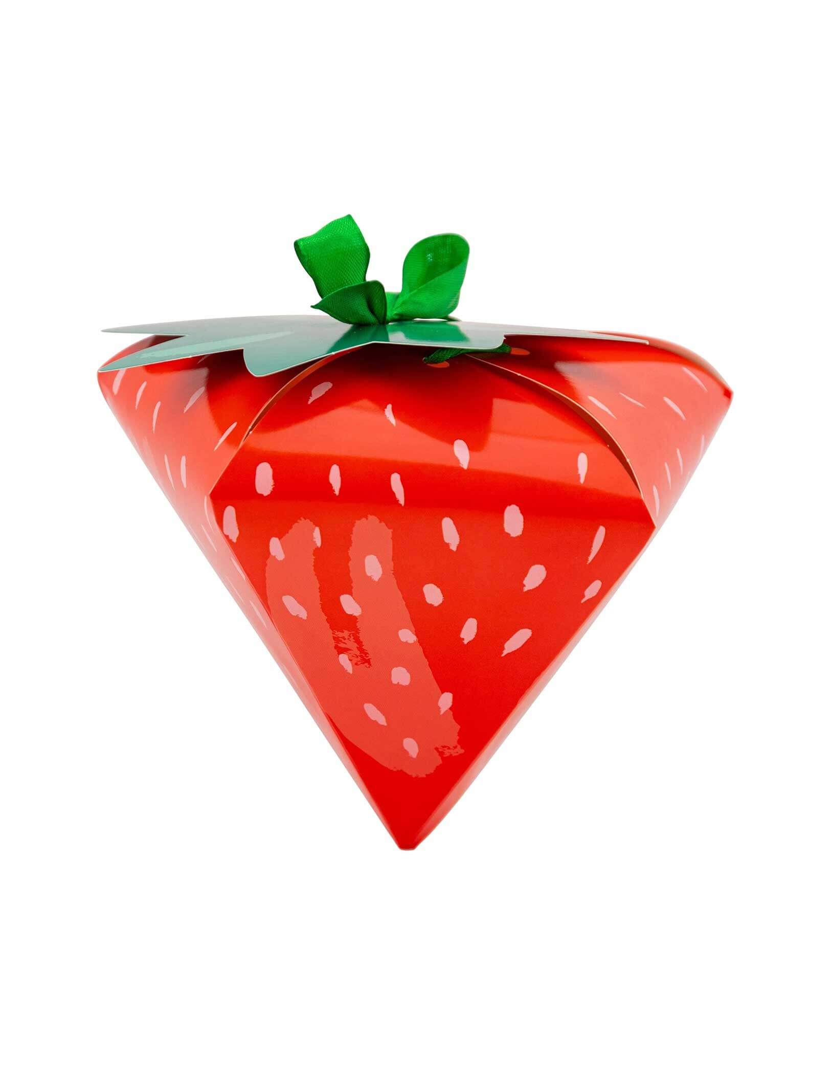 Momo Party's 7" x 3.5" x 3.5" red strawberry-shaped treat box with a green ribbon by My Mind's Eye on a white background.