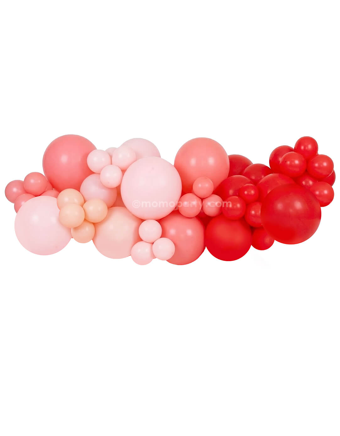 Momo Party's 6ft strawberry themed balloon garland with light pink, rose and red latex balloons in various sizes on a white background.