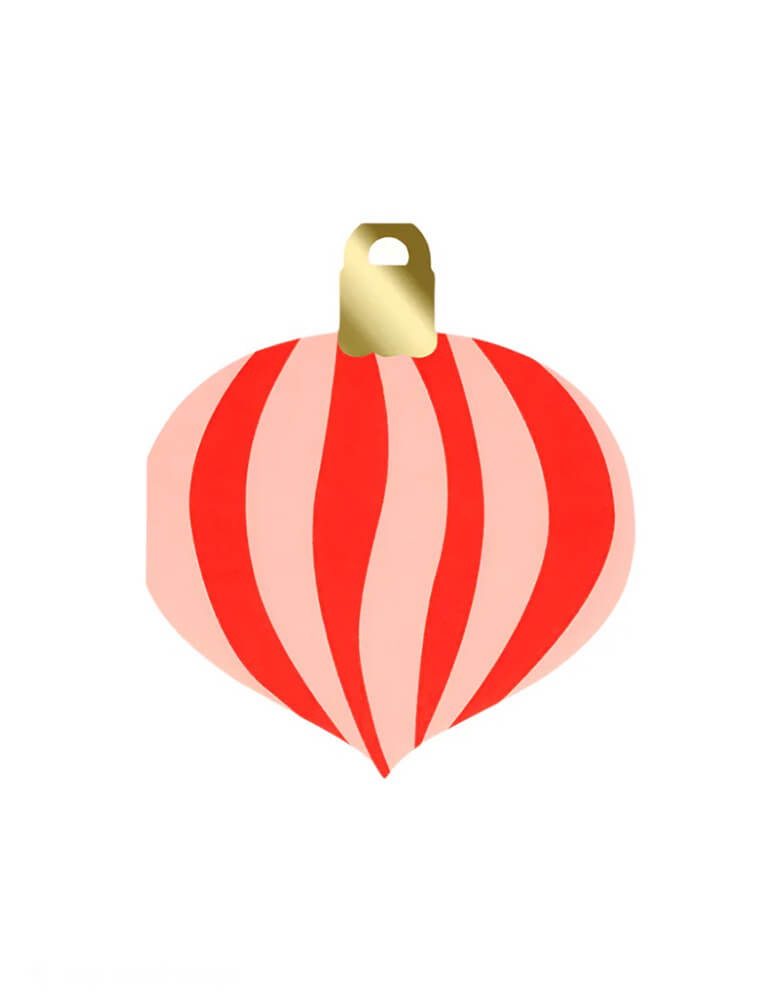 Momo Party's 5.375" x 6" Christmas ornament shaped napkins by Meri Meri. Comes in a set of 16 napkins, they're cleverly designed and crafted in bold on-trend stripes of traditional red teamed with modern pink and shiny gold foil.