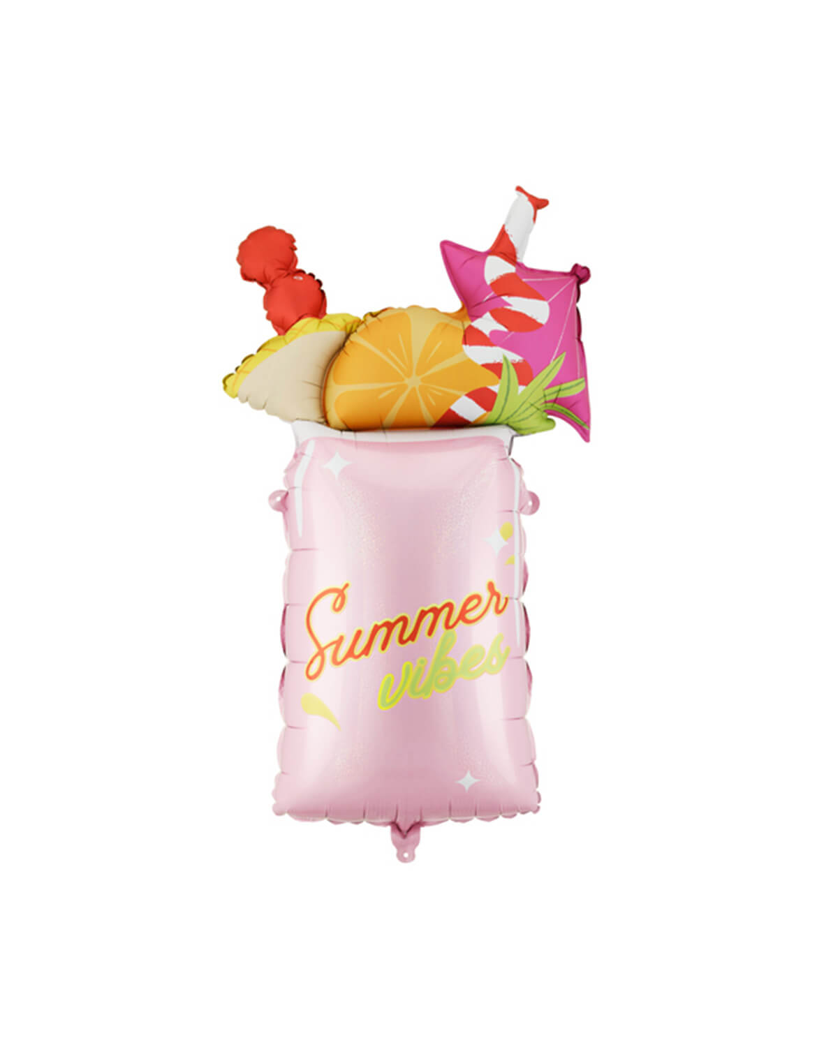 Momo Party's 31" pink summer drink shaped foil balloon with summer-themed decorations by Party Deco on a white background.