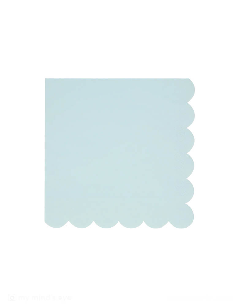 Momo Party's 6.5" 6.5" summer sky blue large napkins by Meri Meri. Comes in a set of 16 napkins, they're beautifully designed with a stylish scalloped edge. They're perfect for a baby shower, birthday parties or to give any dinner party a cool, calm vibe.