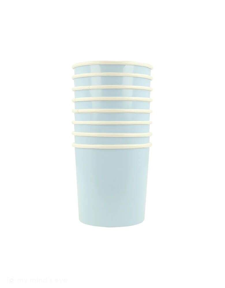 Momo Party's 9oz Summer Sky Blue Tumbler Cups by Meri Meri. Comes in a set of 8 paper cups, these tumbler cups are perfect for a baby shower, birthday parties or to give any dinner party a cool, calm vibe.