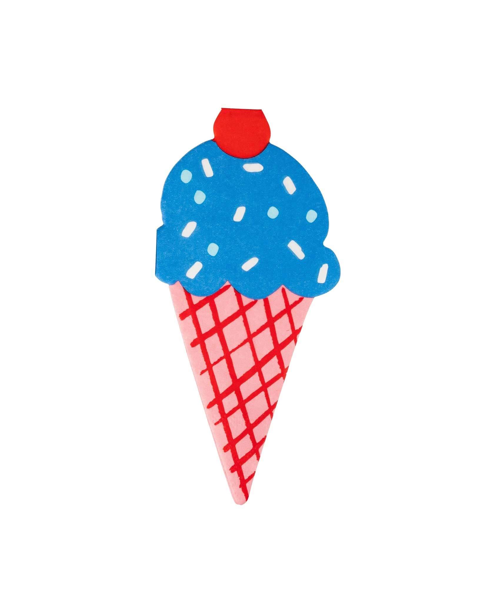 Momo Party's 3" x 6.5" Summertime Ice Cream Shaped Dinner Napkins by My Mind's Eye. These summer treat ice cream  shaped napkins in red, white and blue are perfect for adding a playful twist to your dinner table. Enjoy the convenience of a napkin and the enjoyment of a sweet treat all in one at your Fourth of July party or patriotic themed summer celebration!