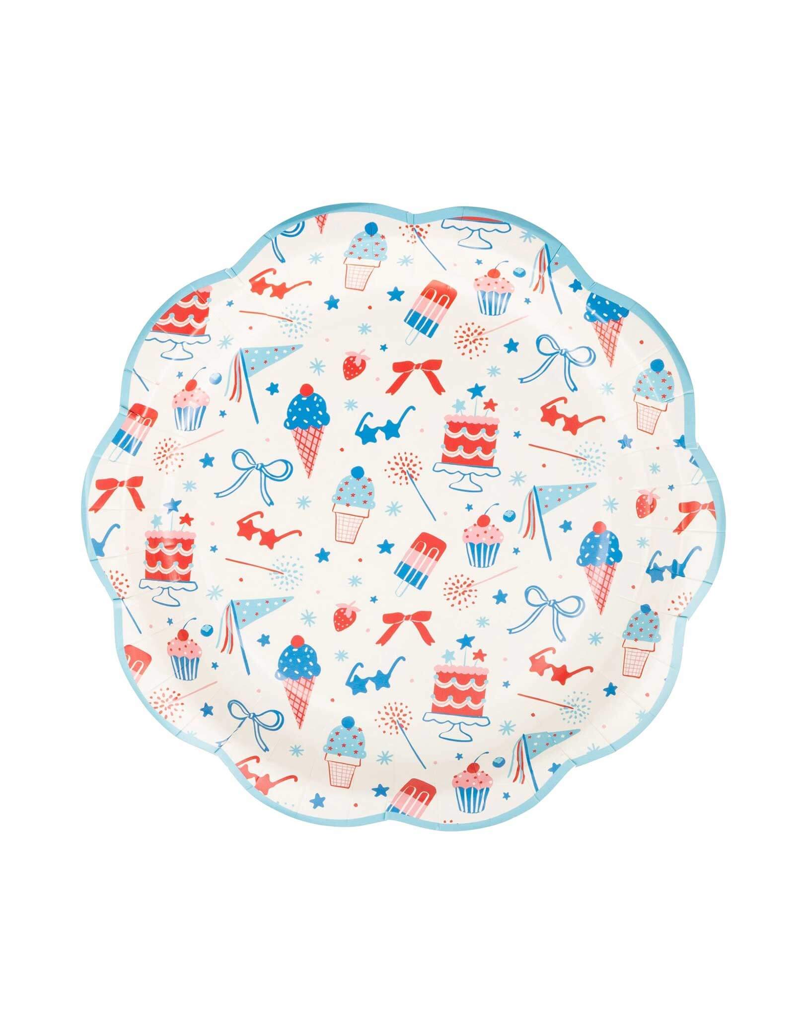 Momo Party's 9" Summertime Pattern Plates by My Mind's Eye. Comes in a set of 8 paper plates, these paper plates feature a playful pattern of summer treats and patriotic icons, including cupcakes, cakes, popsicles, star shaped sunglasses, ice cream and fireworks, making it the perfect addition to any summer gathering. Get ready to celebrate Fourth of July or Memorial Day in style!