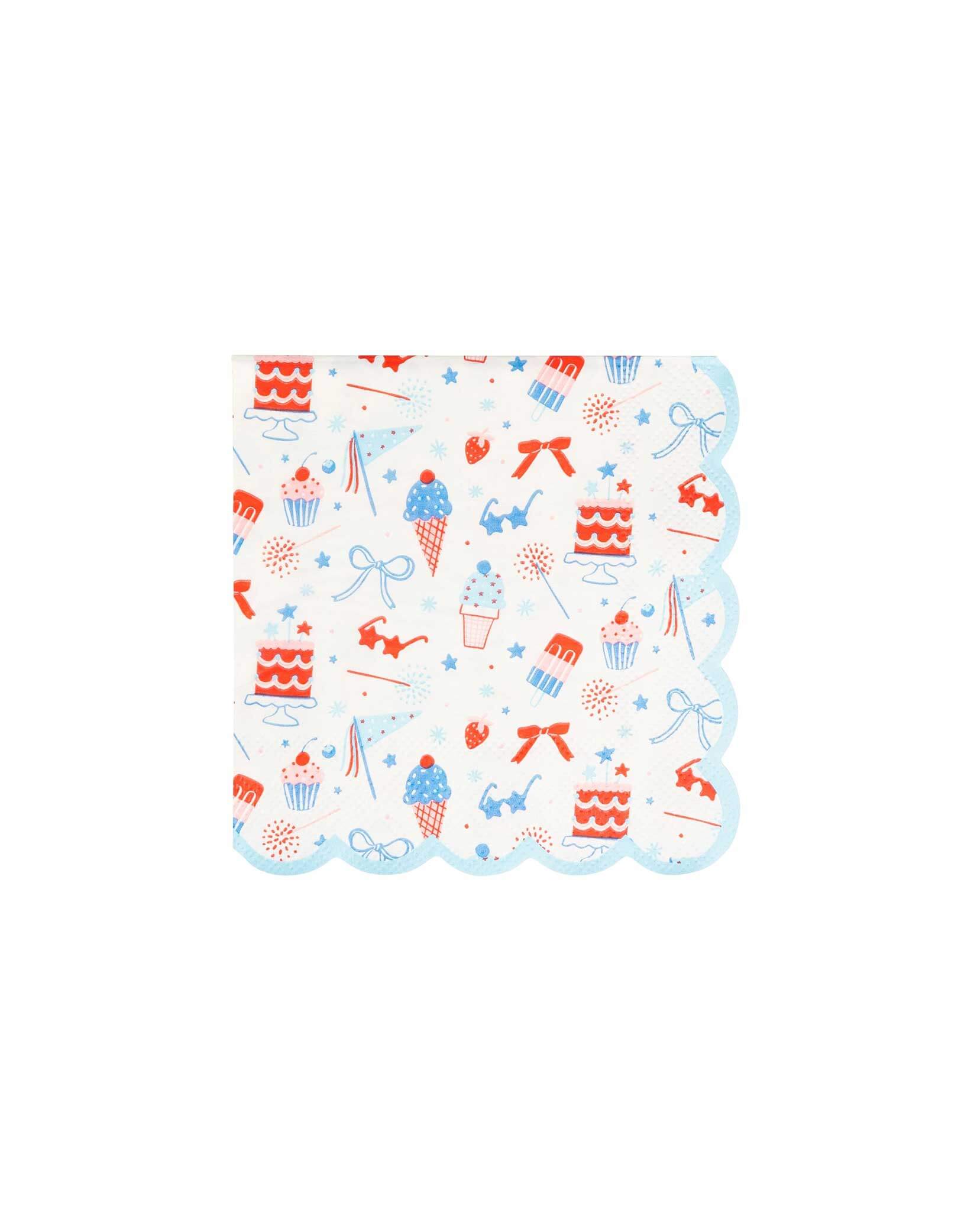 Momo Party's 5" x 5" Summertime Pattern Small Napkins by My Mind's Eye. These paper napkins feature a playful pattern of summer treats and patriotic icons, these paper plates feature a playful pattern of summer treats and patriotic icons, including cupcakes, cakes, popsicles, star shaped sunglasses, ice cream and fireworks, making it the perfect addition to any summer gathering. Get ready to celebrate Fourth of July or Memorial Day in style!