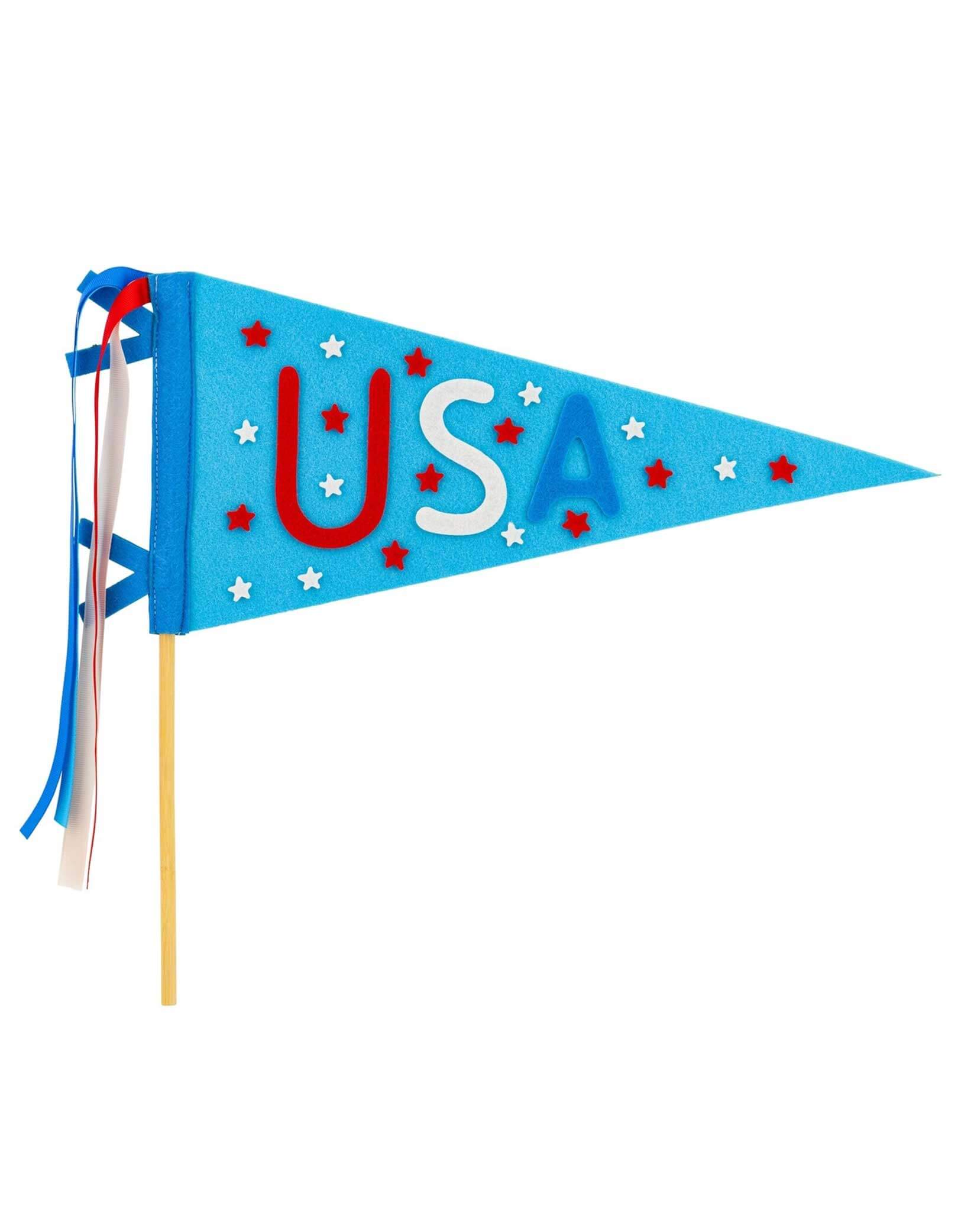 Momo Party's Summertime USA Felt Pennant Banner by My Mind's Eye. Made for summer celebrations, the Summertime Felt Pennant Banner features a charming USA felt pennant. Bring on the patriotic party vibes and show off your love for the stars and stripes with this festive banner. Cheers to the USA!