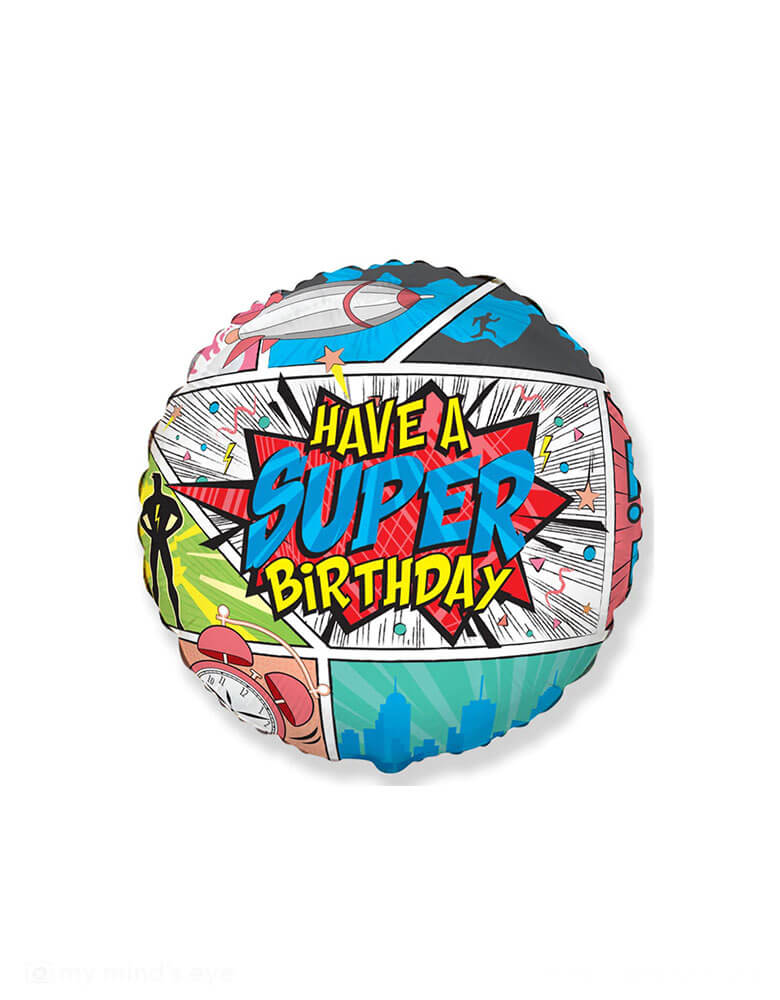 Momo Party's 18" Happy Super Birthday Comic Junior Foil Balloon. With classic comic stripes design, it's perfect for kid's superhero themed birthday party.
