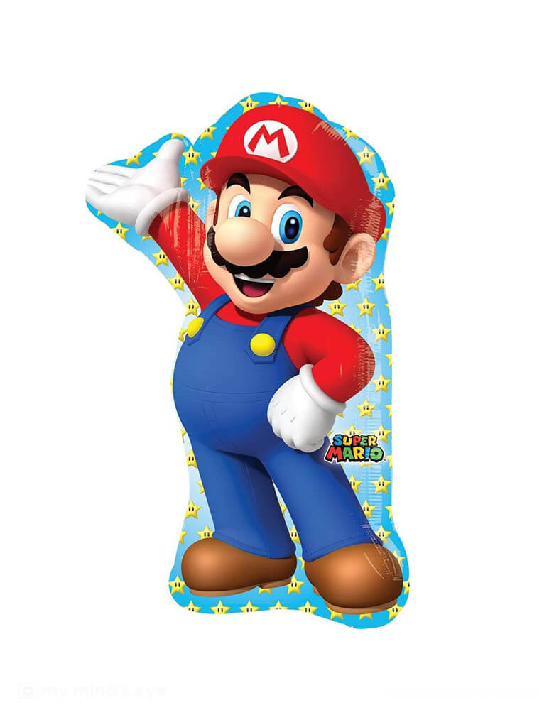 Momo Party's 33" Super Mario Bros Mario Shaped Foil Mylar Balloon by Anagram Balloons. With super starts in the background, it's perfect for your kid's super mario video game themed birthday celebration!