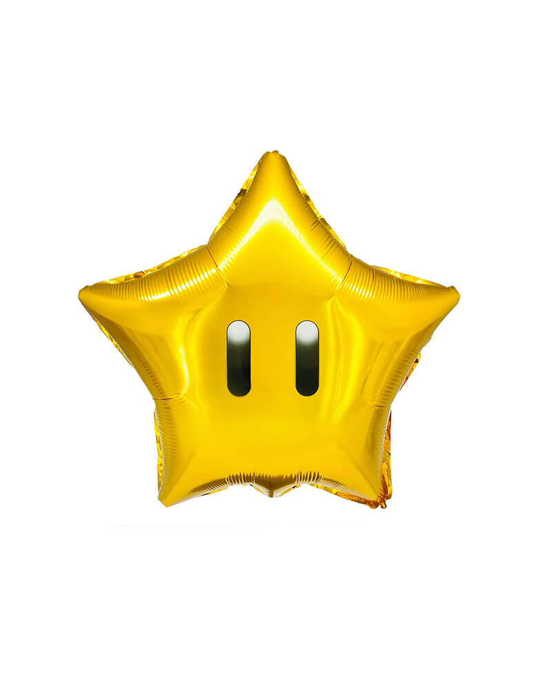 Momo Party's 18" super star gold mylar foil balloon. It's perfect for kid's Super Mario themed birthday celebration!