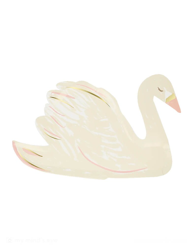 Momo Party's 11.5" x 7.5" swan shaped plates by Meri Meri. Crafted with paper with gold foil accents. These plates are perfect for a princess party, bridal shower, baby shower, engagement party or garden party.