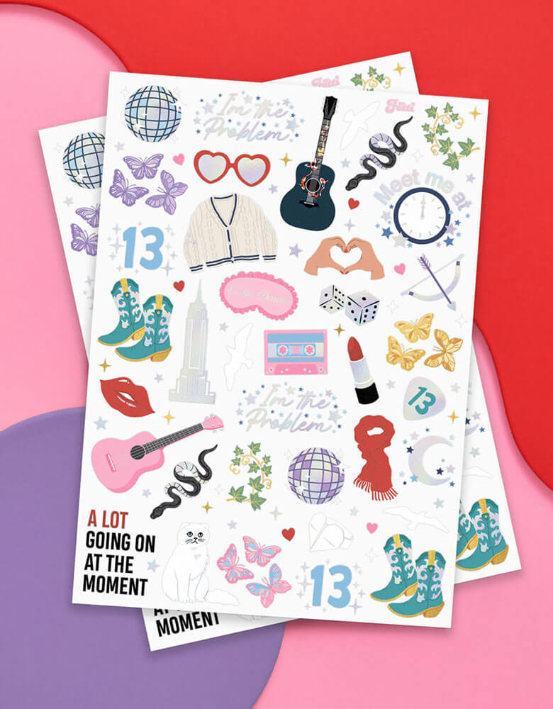 Momo Party's Taylor Swift Eras Tour Temporary Tattoos by Xo, fetti. Featuring Taylor Swift inspired designs including 13, cowgirl boots, pink guitars, red lip stick, butterflies and disco ball, thees temporary tattoos are prefect for Swifties Taylor Swift themed party!