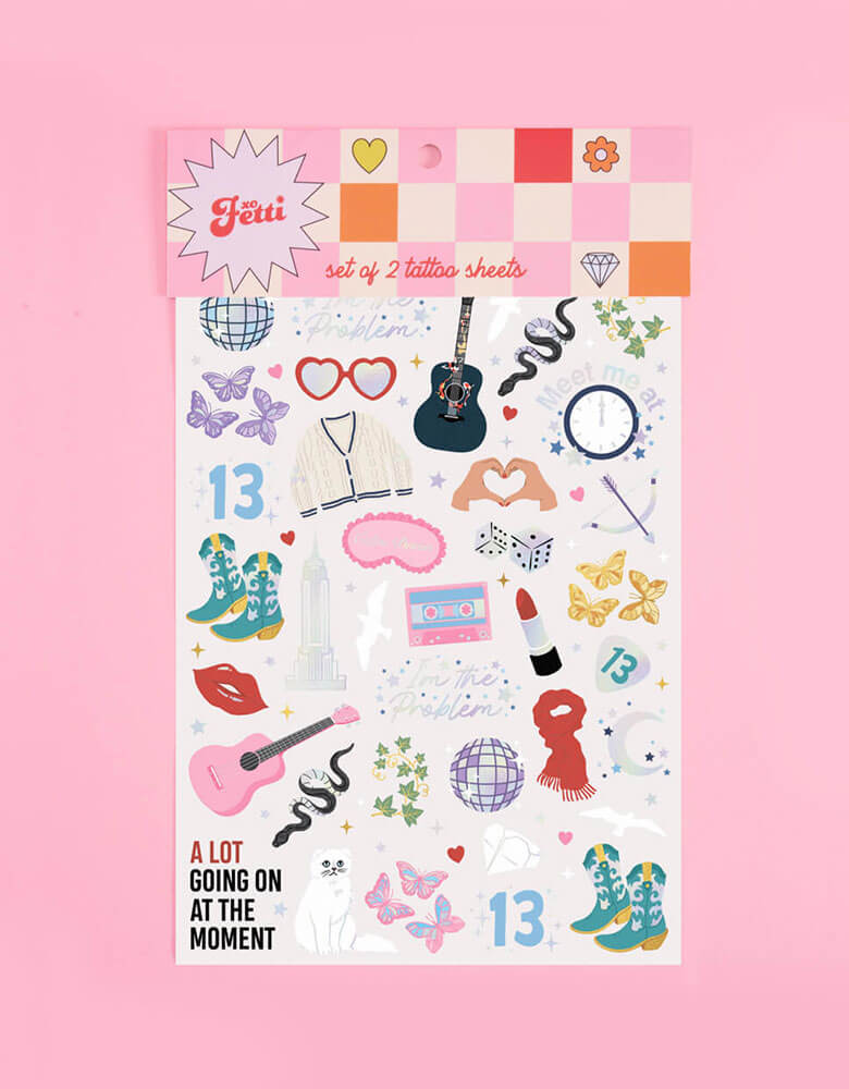 Momo Party's Taylor Swift Eras Tour Temporary Tattoos by Xo, fetti. Featuring Taylor Swift inspired designs including 13, cowgirl boots, pink guitars, red lip stick, butterflies and disco ball, thees temporary tattoos are prefect for Swifties Taylor Swift themed party!