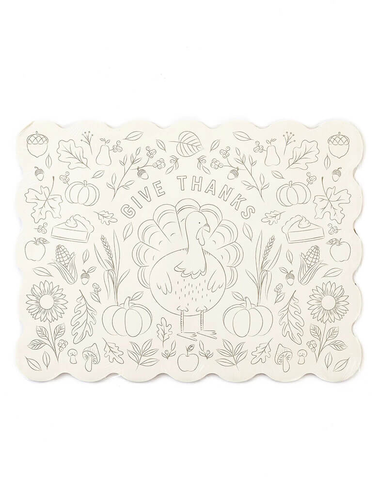 Momo Party's Harvest Turkey Coloring Placemats. At the size of 15.5" x 11.5"  these placemats make the kids' table fun and festive. Featuring a whimsical turkey and festive sentiment "give thanks" these placemats are sure to be a favorite focal point of your Thanksgiving table for your loved ones both young and old!