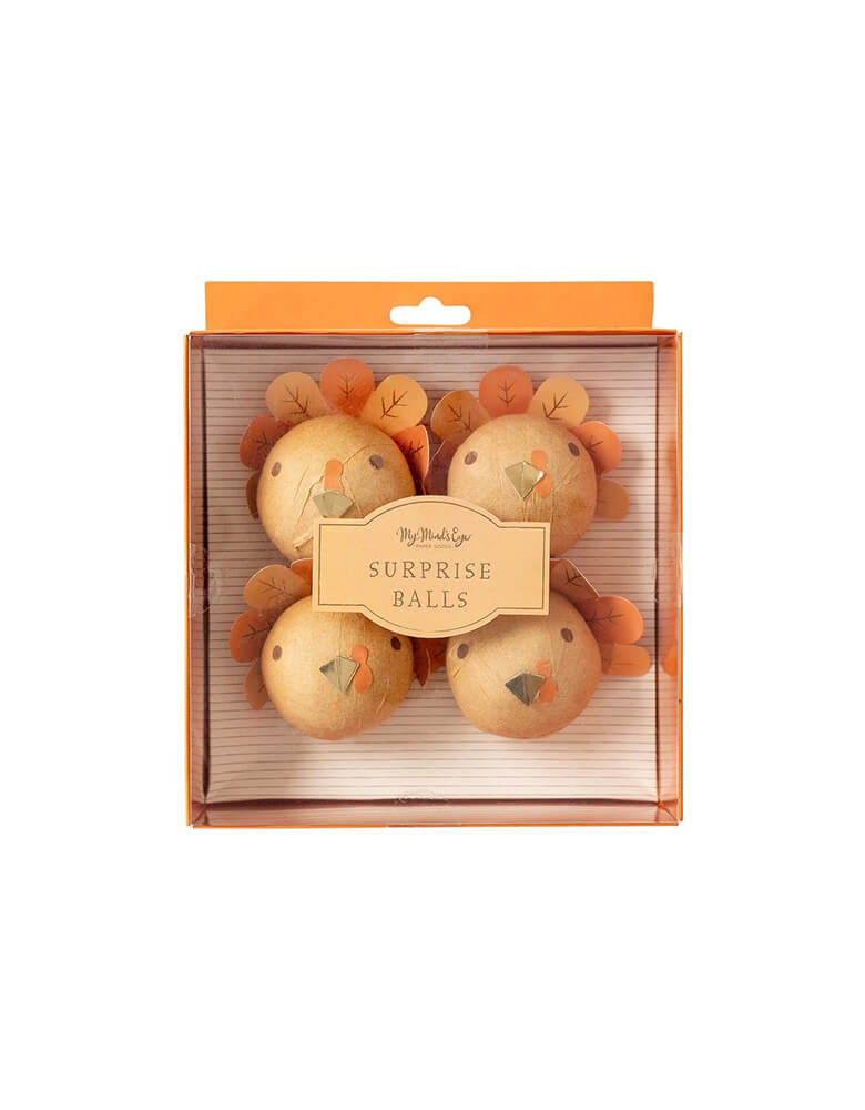 Momo Party's Turkey Surprise Balls by My Mind's Eye in it's packaging. They have small toys cleverly hidden inside, creating a fun game for kids at the harvest table. Don't miss the surprise - add these quirky and playful balls to your Thanksgiving festivities!