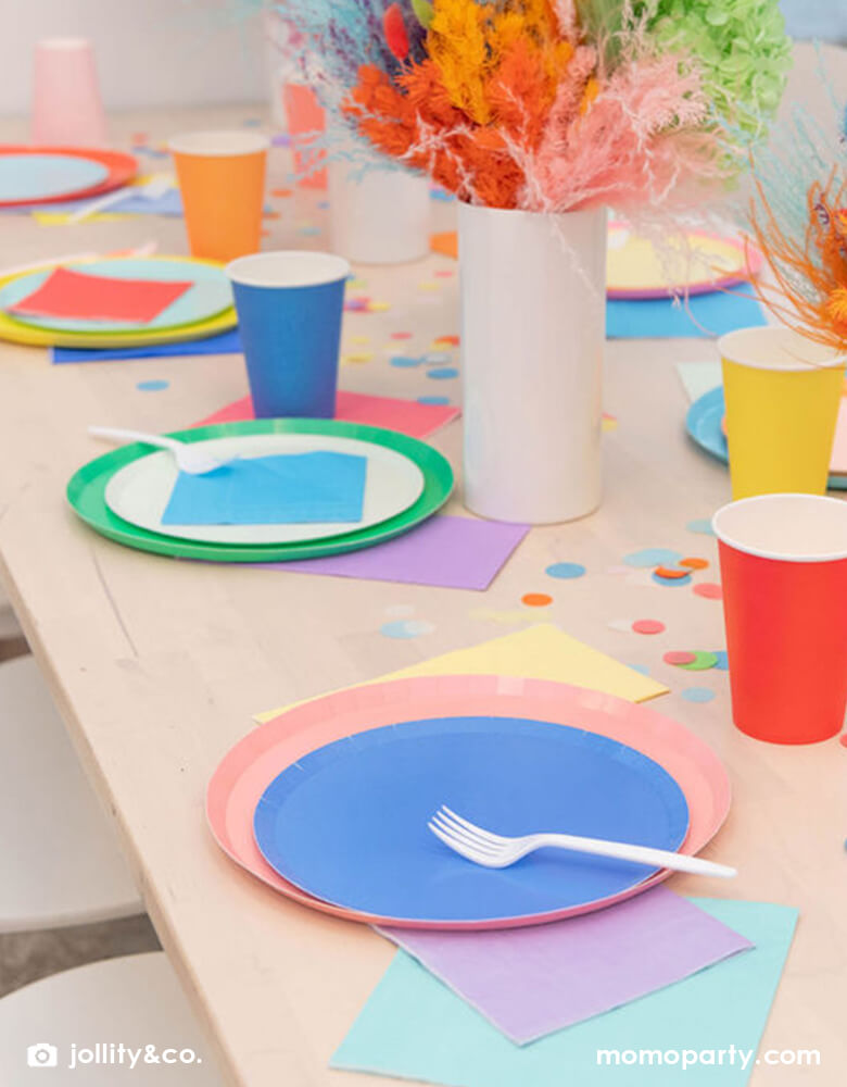 A Mix and match rainbow party table, decorated with rounded plates, colorful napkins, cups from Jollity The Shade Collection. These partywares featuring delicate low profile rim with a flat base, it’s perfect for mix and match for everyday celebration occasions!
