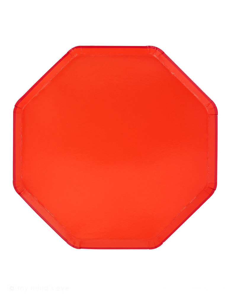 Momo Party's 10.25" x 10.25" Tomato Red Dinner Plates by Meri Meri.The color is on both the front and back for an elegant effect, and the eye-catching octagonal shape really ups the wow-factor. They're ideal for any celebration or dinner party where you want an upbeat vibe or, as red is also the color of love, a romantic meal. The plates are part of our stylish new take on mix and match tableware.