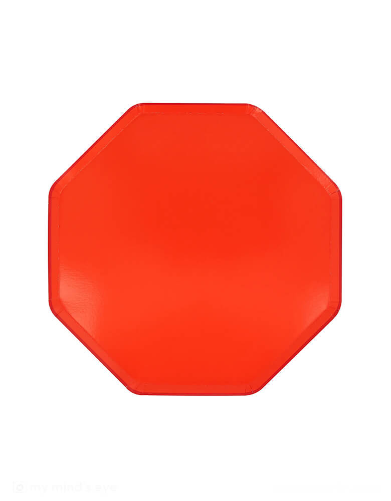 Momo Party's 8.25" x 8.25" Tomato Red Side Plates by Meri Meri. In elegant octagonal shape, these vibrant plates are perfect for kid's race car themed birthday or any party, where you want an upbeat vibe or, as red is also the color of love, a romantic meal. 
