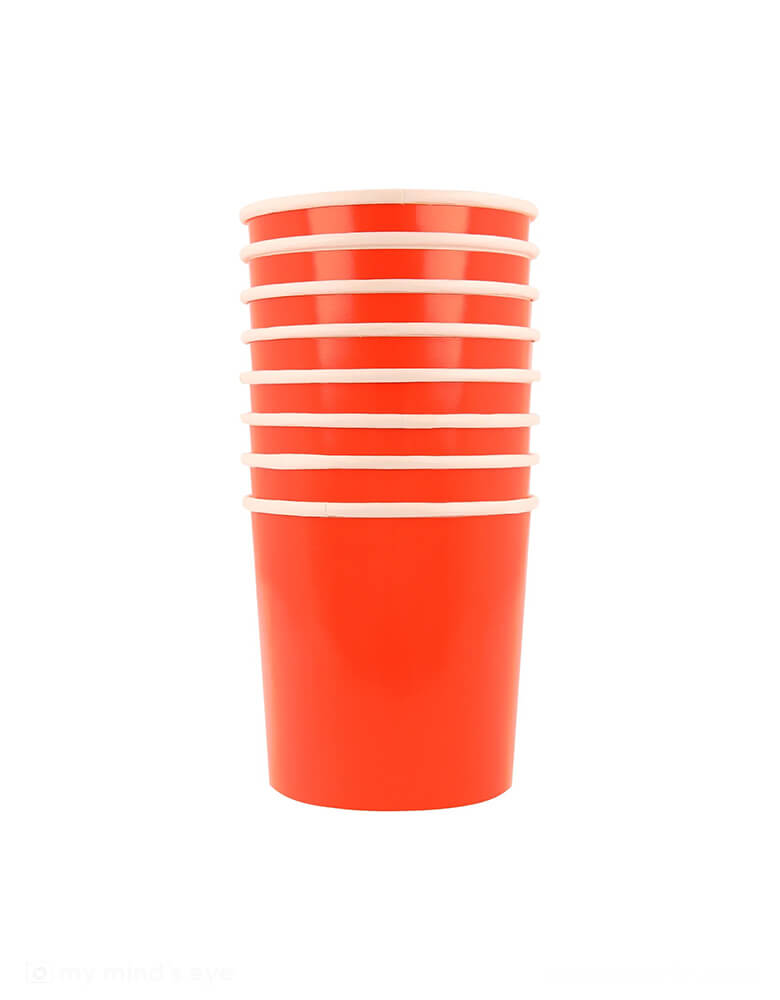 Momo Party's 9oz Tomato Red Tumbler Cups by Meri Meri. Comes in a set of 8,  these vibrant tumbler cups are ideal for any celebration or dinner party where you want an upbeat vibe or, as red is also the color of love, a romantic meal.