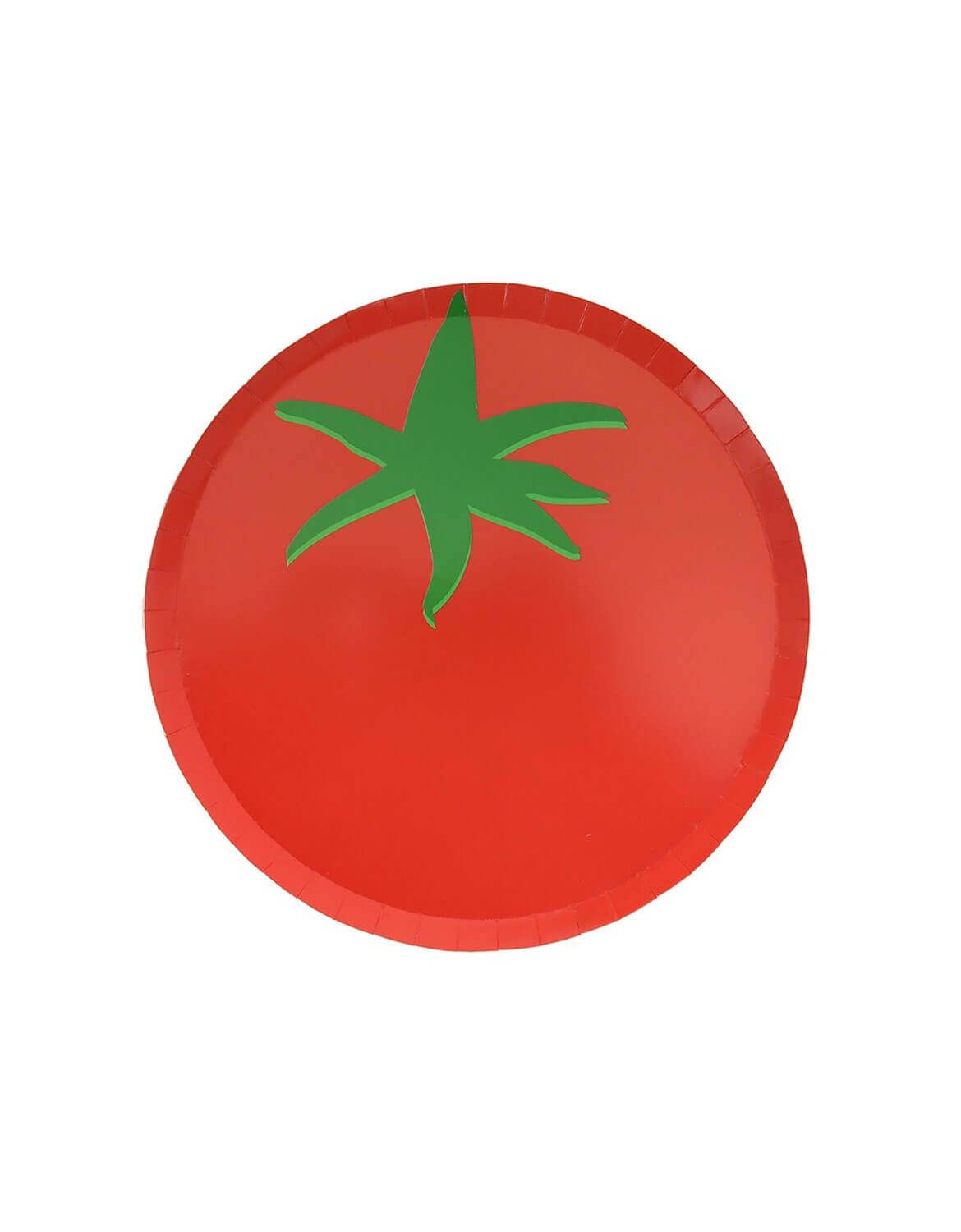 Momo Party's 8" red tomato shaped plate with green stem by Jollity Co. & Daydream Society on a white background.