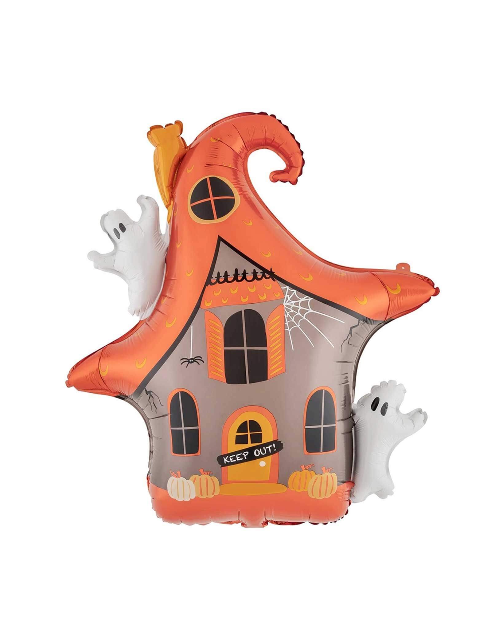Momo Party's 23.4" x 24.8" Halloween themed balloon shaped like a haunted house with ghosts by Daydream Society on a white background.