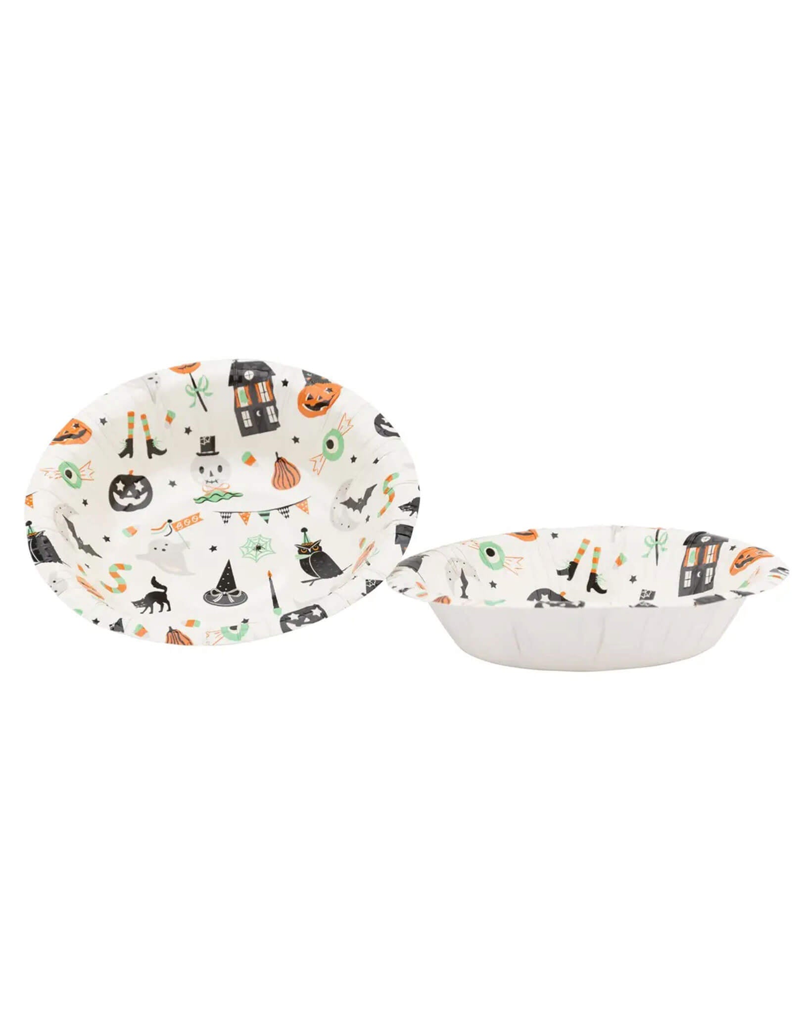 Two of Momo Party's Tricks & Treats Paper Bowls with various Halloween elements design by My Mind's Eye on a white background.