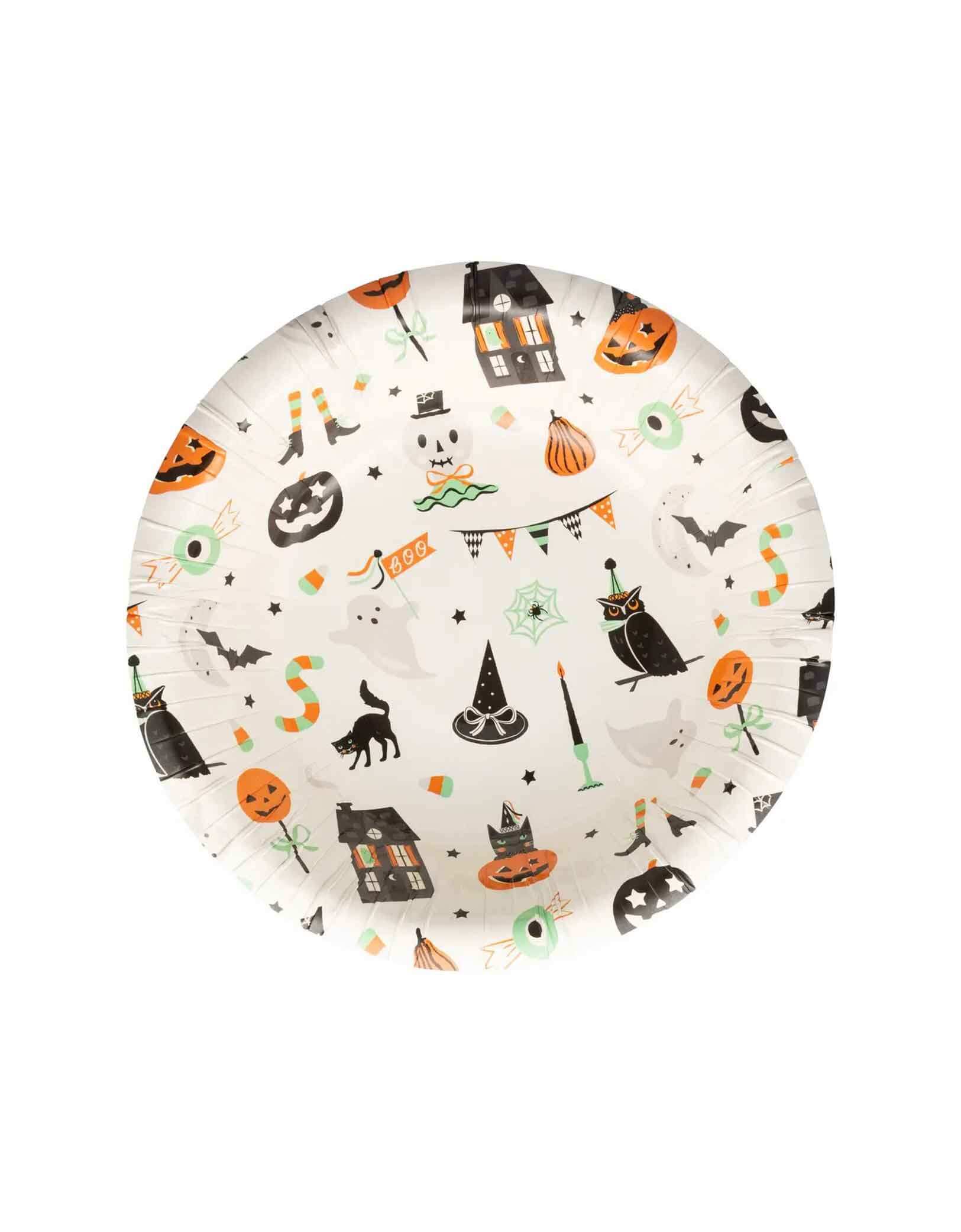 Momo Party's Tricks & Treats Paper Bowl with various Halloween elements design by My Mind's Eye on a white background.