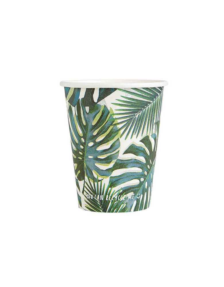 Momo Party's Tropical Fiesta Palm Leaf Paper Cups by Talking Tables. Perfect as disposable party cups for a picnic, Hawaiian, luau or jungle themed birthday.