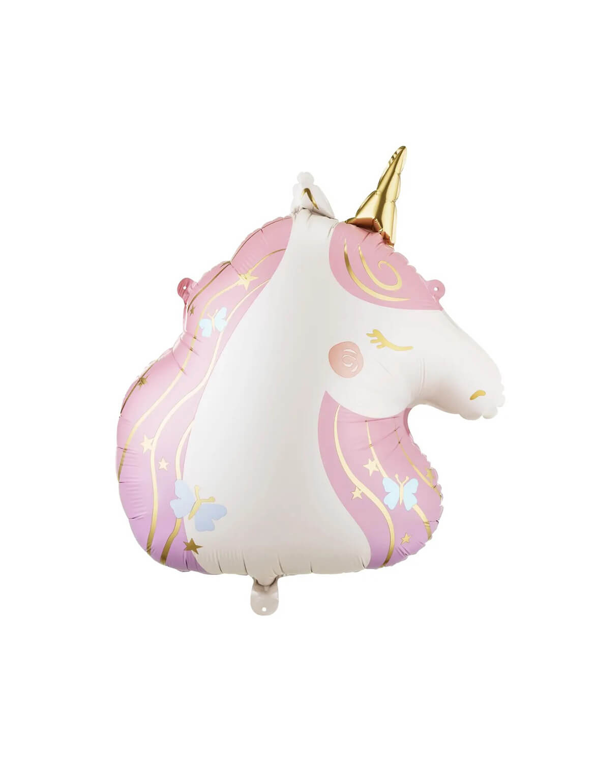 Momo Party's 24" unicorn-shaped balloon with pink and gold design by Party Deco on a white background.
