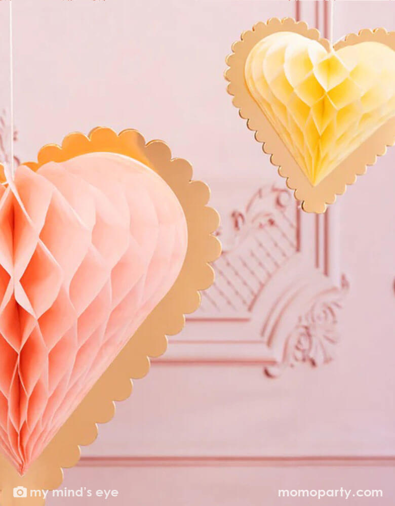 Momo Party's 15", 12", & 7.5" Secret Admirer Honeycomb Hanging Heart Decorations by My Mind's Eye. These magical tissue honeycomb hearts with gold scalloped borders come in three pretty pastel colors and are perfect for adding a touch of sparkle to your Valentine's Day celebration.