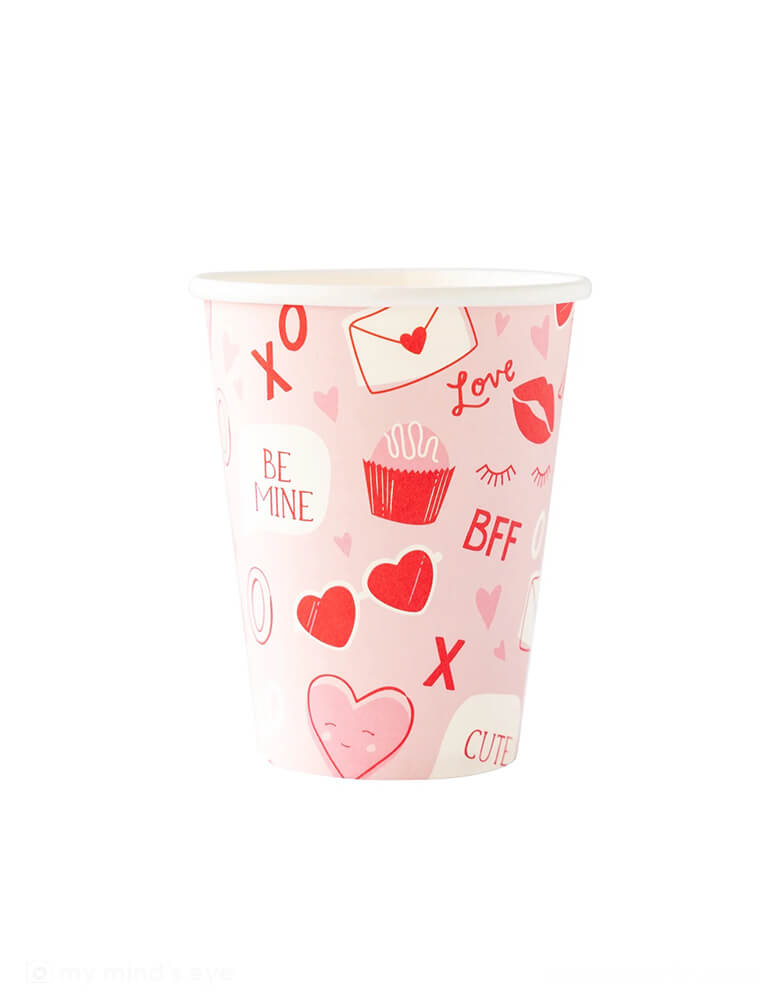 Momo Party's 12 oz Valentine Scatter Paper Party Cups by My Mind's Eye. Featuring hand-drawn icons, sunglasses, chocolate treats and love sayings, these festive cups let you share the love in every sip. Pour out your heart with style!