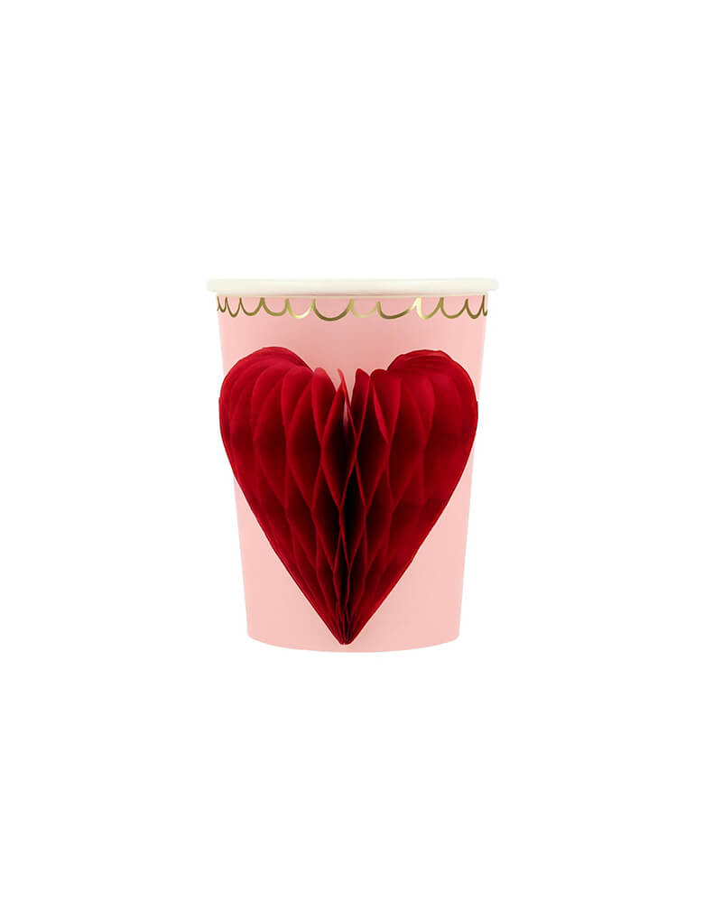 Momo Party's 9oz Honeycomb Heart Cups by Meri Meri. Featuring honeycomb red hearts, a pink background and swirled gold foil details to create a vintage look.