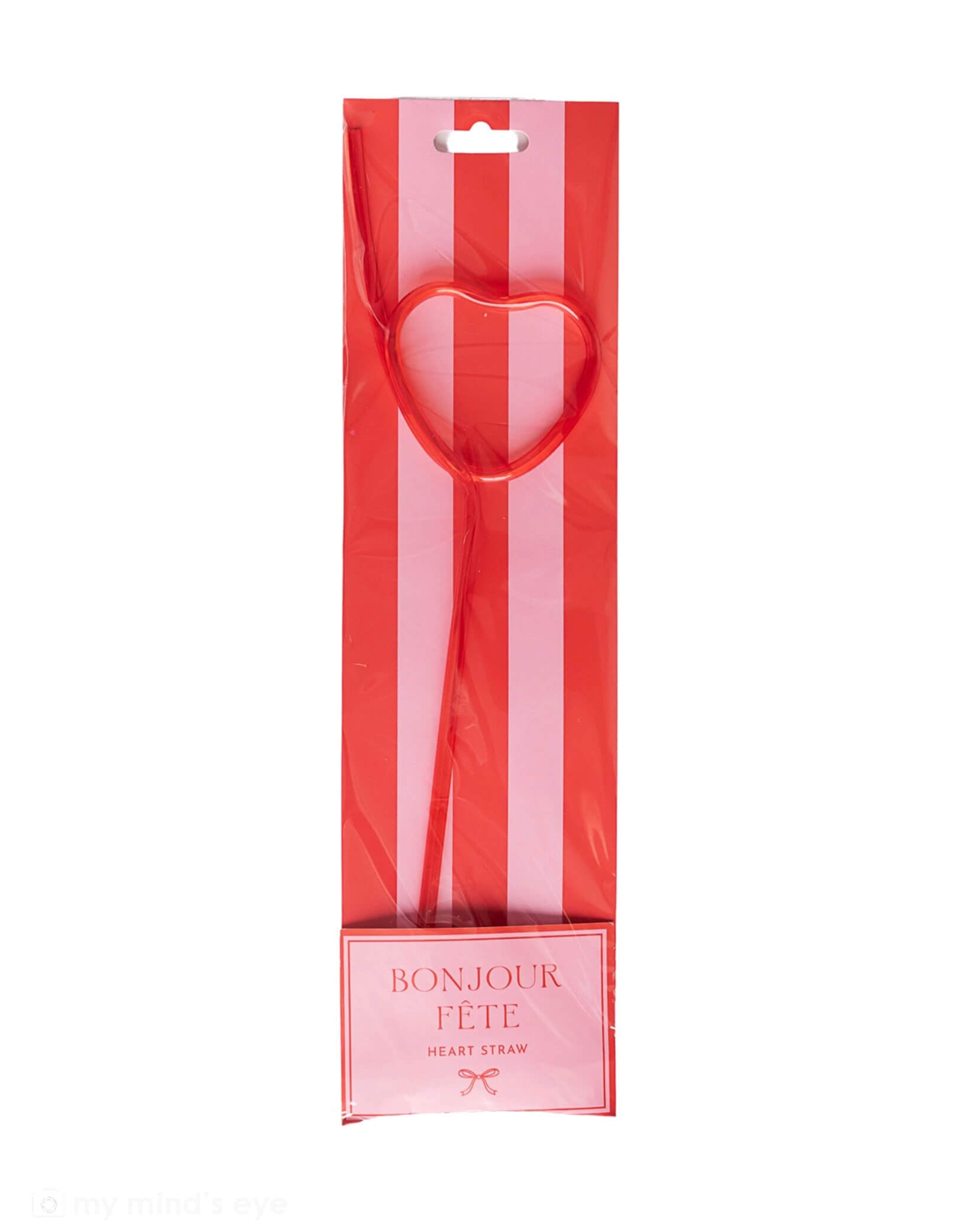 Momo Party's 10.25" x 3" Valentine's Day red plastic straw with heart-shaped top in a clear packaging with 'Bonjour Fète' branding on a white background.