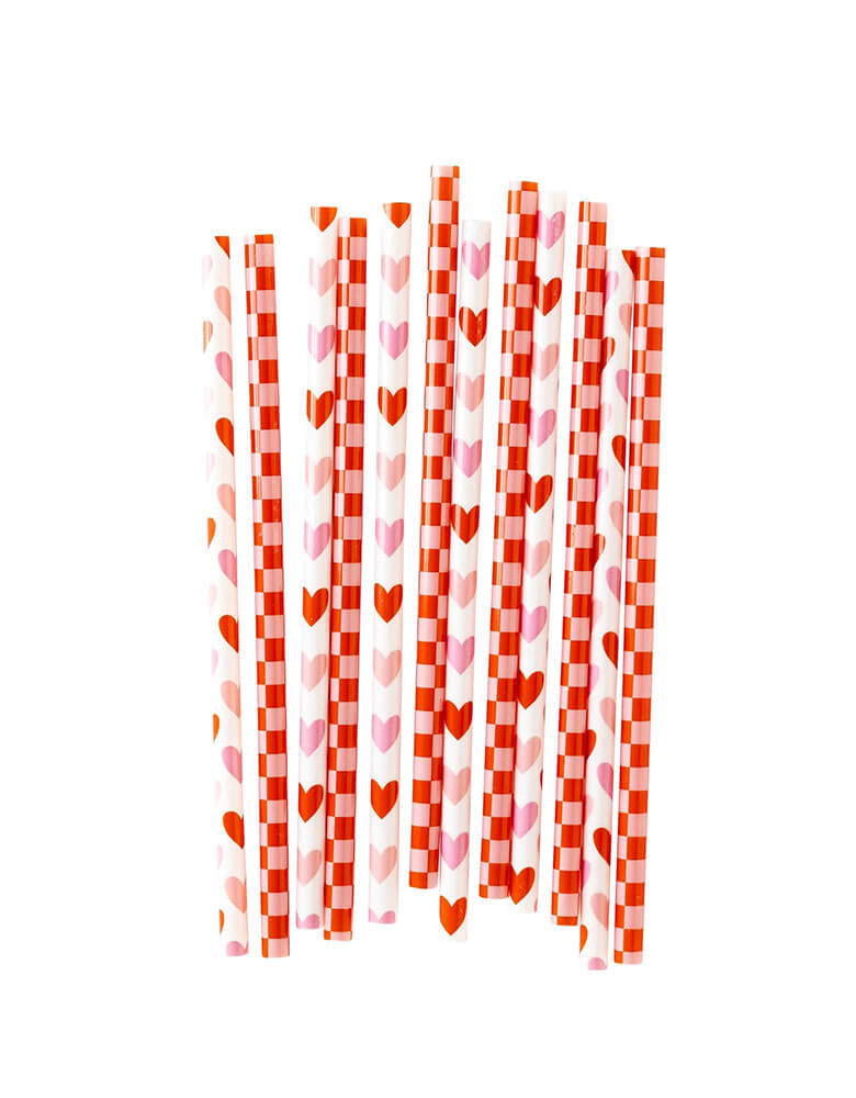Momo Party's Heart You Reusable Straws by My Mind's Eye. Comes in a set of 12 plastic straws, these reusable straws feature a fun mix of pink and red hearts and checks, making them perfect for a Valentine's Day party or Galentine's Day celebration, or any occasion!