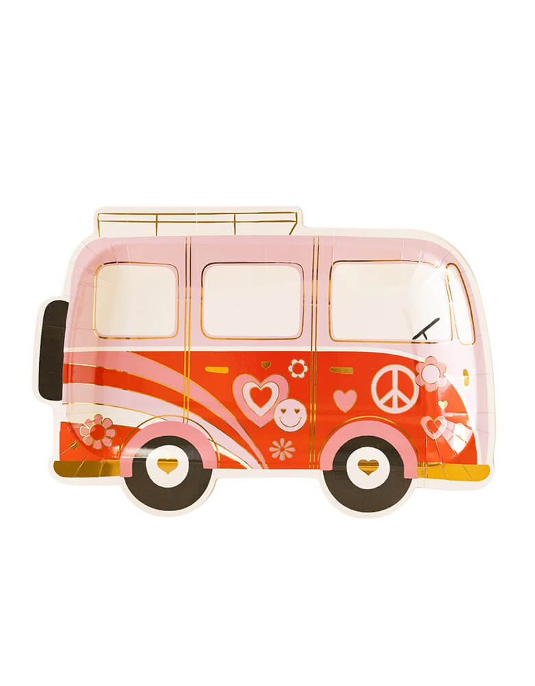 Momo Party's 10" Luv Bus Paper Plates by My Mind's Eye. Featuring retro designs including daisy flowers, hearts, smiley faces and love and peace sign on a red and pink VW bus, these plates are perfect for a retro groovy themed Valentine's Day celebration!