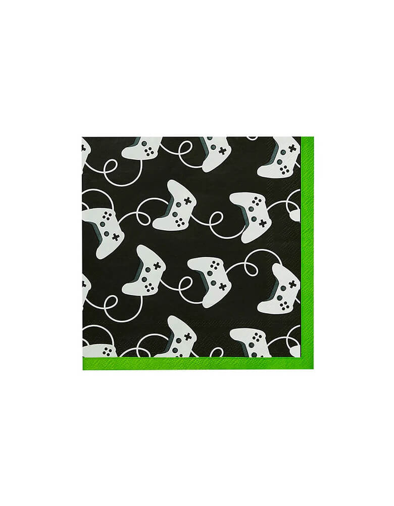 Momo Party's 6.5" x 6.5" Game Controller Large Napkins by Hooty Balloo. With the game controller motif design on a black background with green edges, these large paper napkins are perfect for any gamer, a kid's video game themed birthday or a gaming event.