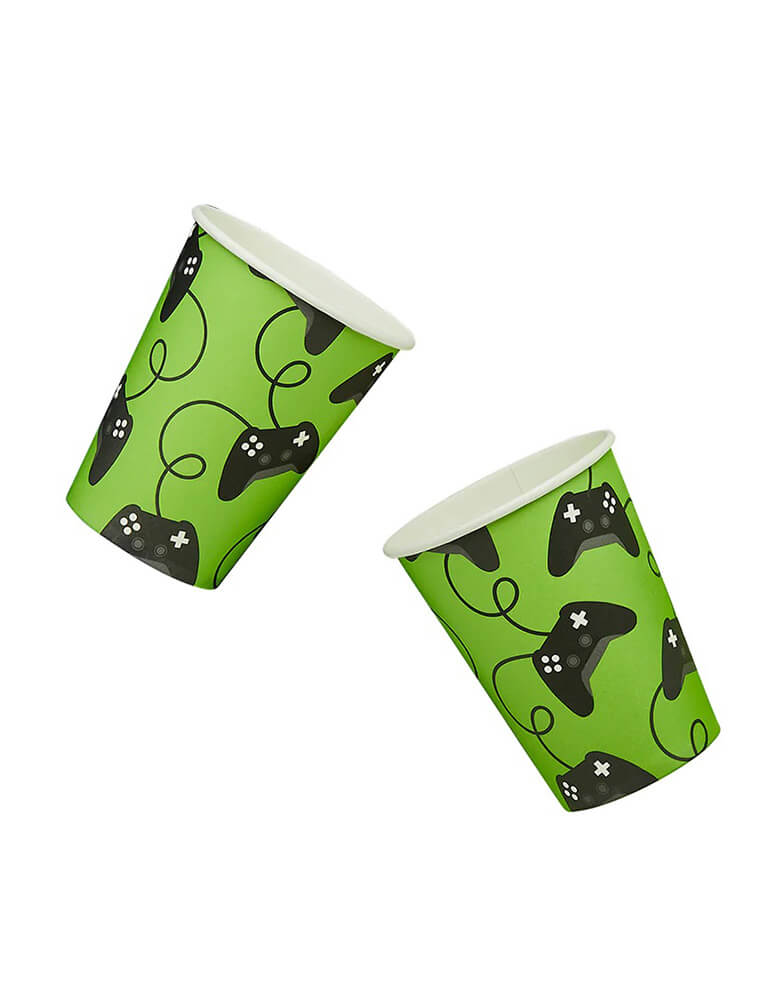 Momo Party's 7.4 oz Game Controller Party Cups by Hooty Balloo. These black and green paper cups are perfect for gamers and video game enthusiasts.