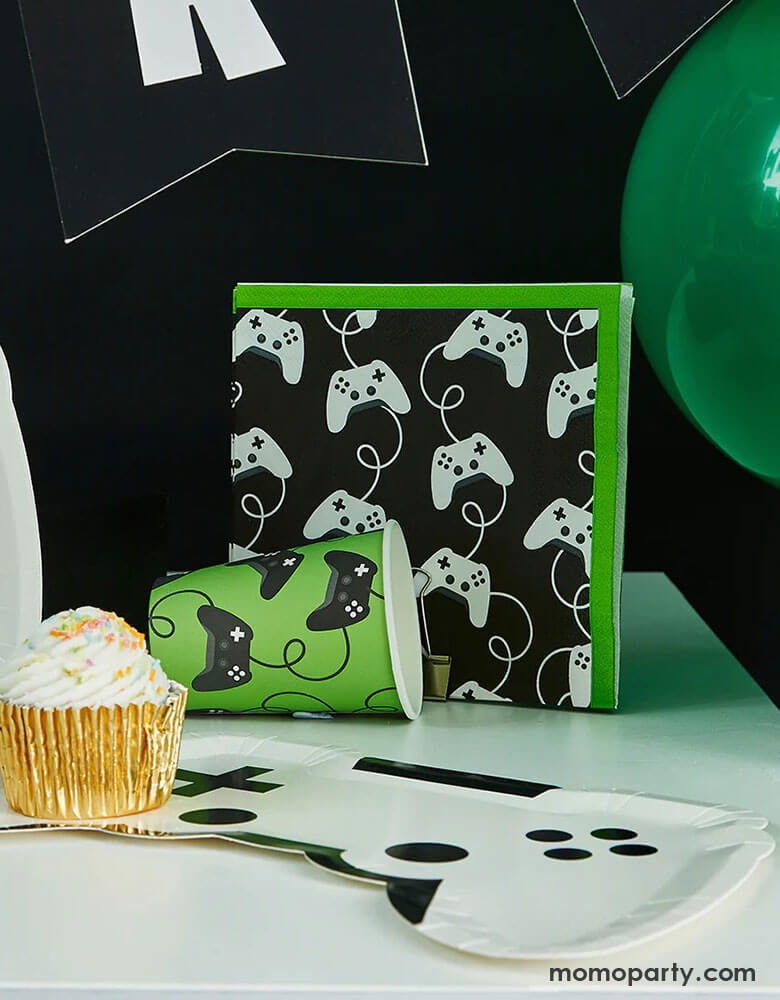 Momo Party's 6.5" x 6.5" game controller napkin with 11" x 7" white video game controller shaped plate and a green controller motif party cup, all together is a great party collection for any gaming events, gatherings or kid's video game themed birthday parties.