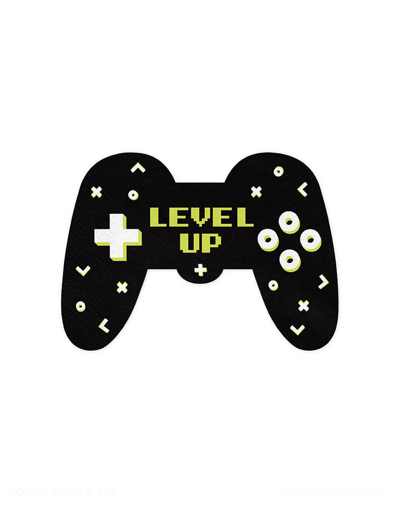 Momo Party's 9" x 12.6" die-cut video game controller shaped napkins by Party Deco. In the classic black and lime green design with "LEVEL UP" message on them, this set of 12 napkins is perfect for any gamer.
