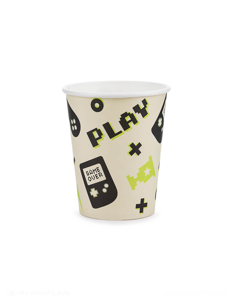 Momo Party's 7.4 oz Video Game Party Cups by Party Deco. Designed with a game device motif pattern with SUPD labelling. pixelated word "PLAY" on it, this set of 6 party cups is perfect for any gamer. They add a playful touch to your kid's video game themed party or birthday celebration.