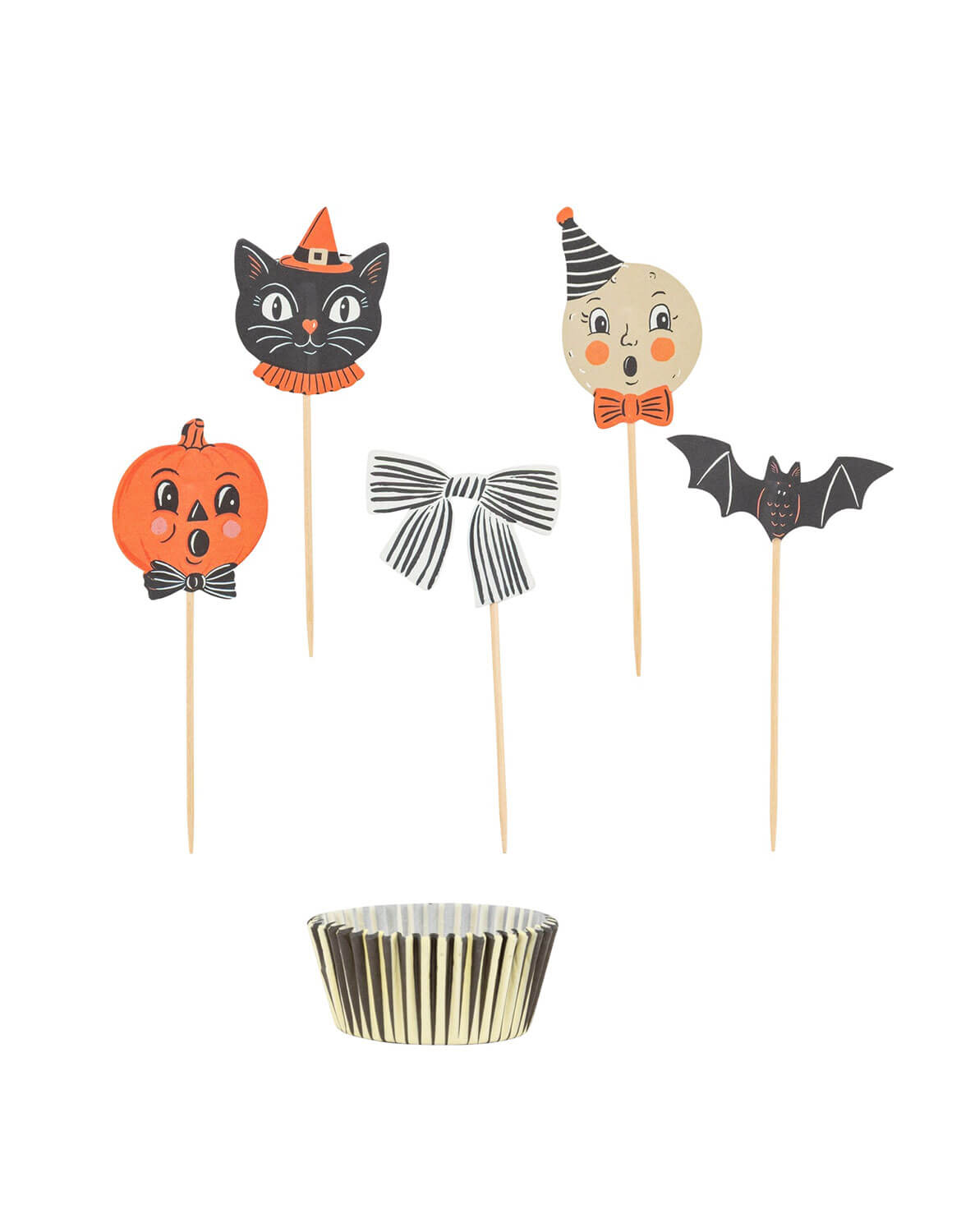 A set of Halloween-themed cupcake toppers on wooden sticks from Momo Party, including a black cat in a witch hat, a smiling pumpkin face, a ghost face with a party hat, a black bat, and a black-and-white striped bow, with a black and white cupcake liner below on a white background.