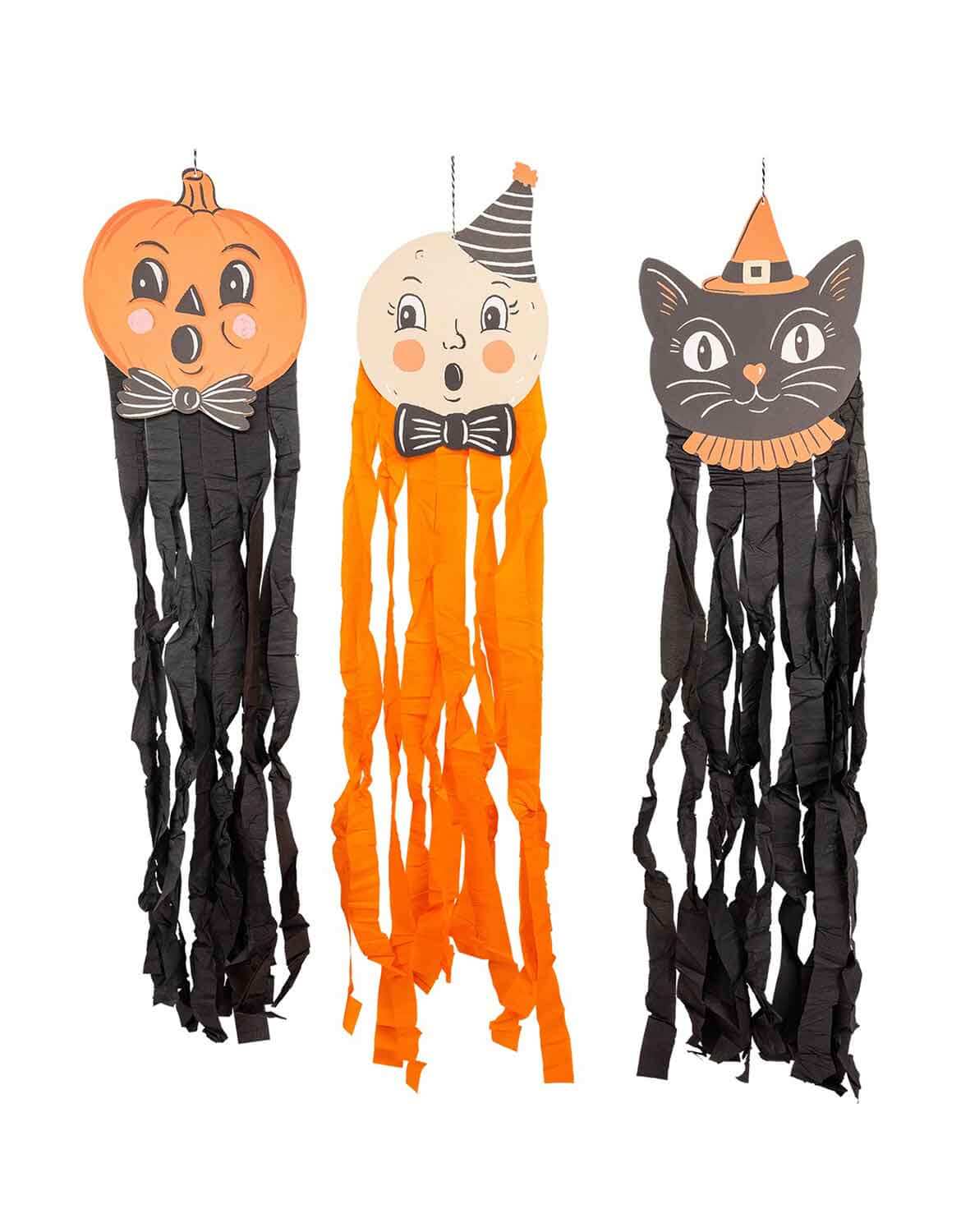 Momo Party's set of vintage Halloween character decorations, including a pumpkin, a ghost and a black cat, each with streamers by My Mind's Eye against a white background.