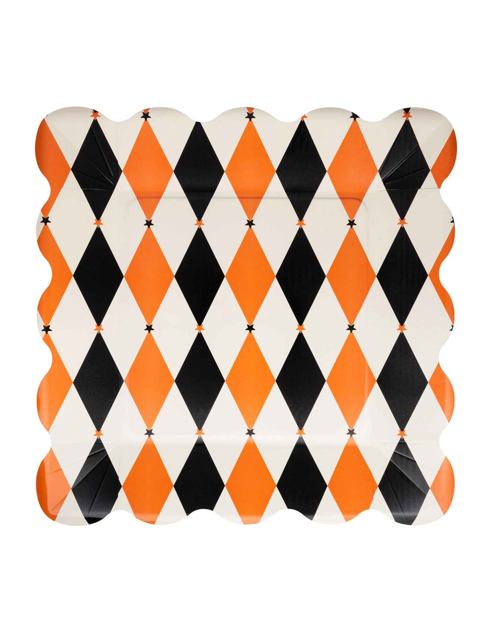 Momo Party's 11" Vintage Halloween Harlequin Plate by My Mind's Eye. Comes in a set of 8 paper plates, the classic orange and black harlequin pattern creates a festive backdrop for spooky treats and Halloween goodies. Perfect for costume parties, family gatherings, or adding a playful pop of seasonal color to your holiday celebrations!