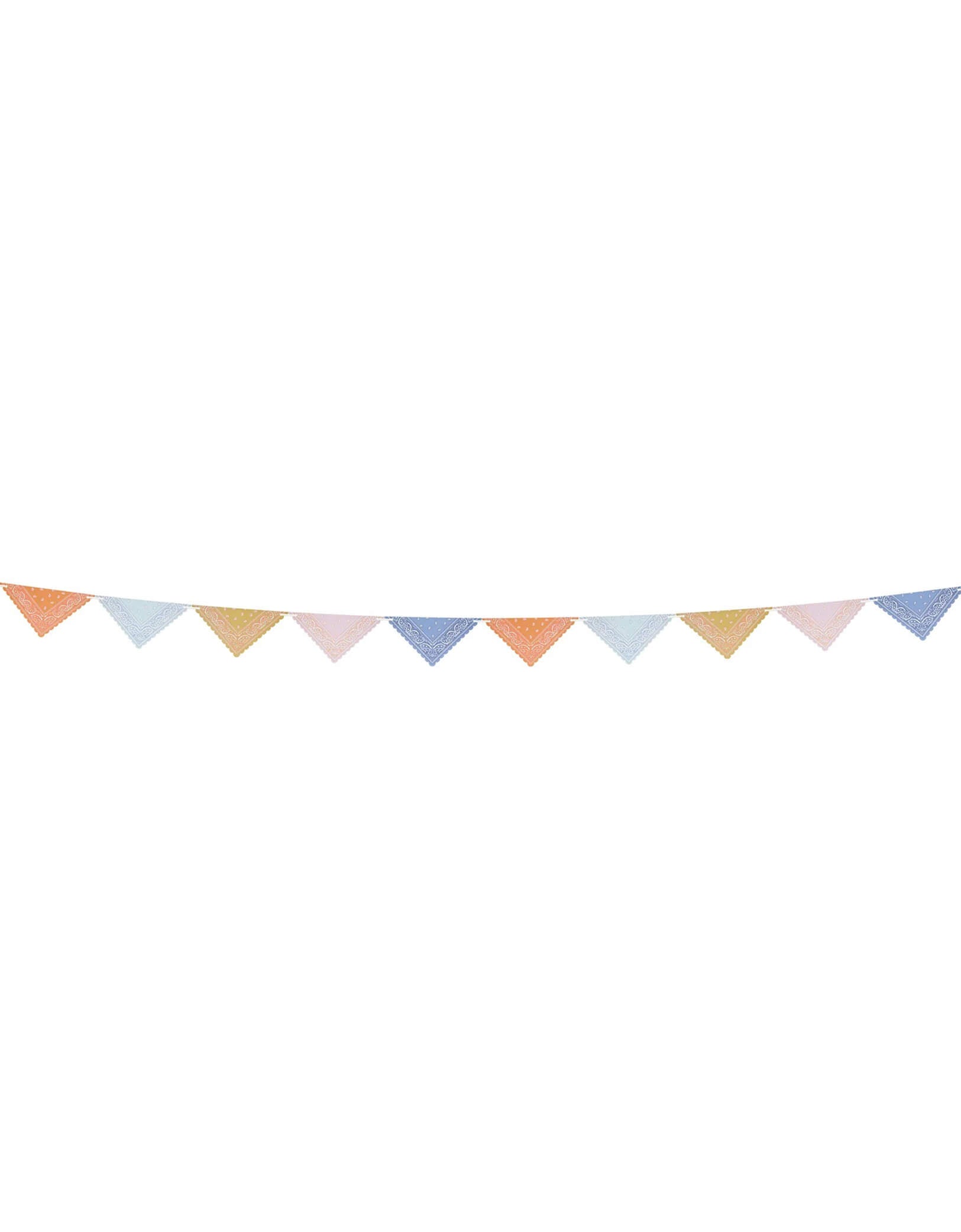 Momo Party's 9.5' Western Bandana Flag Garland by Meri Meri. Make your Western themed party room look extra amazing with this statement garland. It features 10 flag pennants, in colorful bandana designs, ideal to decorate the party table, hang in a doorway or porch, or on the mantel. Pack it away after the party to reuse time and time again, or hang in your home to keep a happy hoedown feeling going all year.