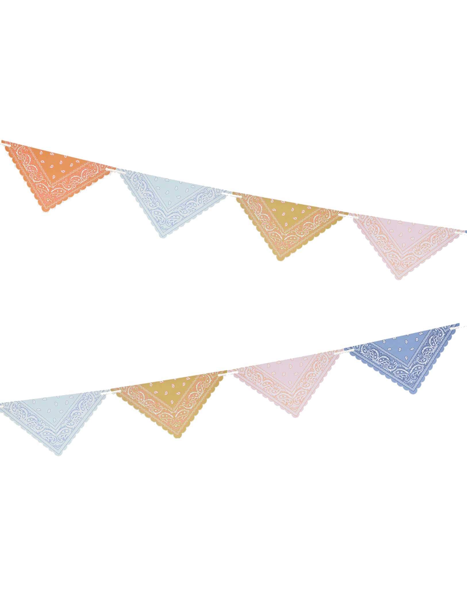 Momo Party's 9.5' Western Bandana Flag Garland by Meri Meri. Make your Western themed party room look extra amazing with this statement garland. It features 10 flag pennants, in colorful bandana designs, ideal to decorate the party table, hang in a doorway or porch, or on the mantel. Pack it away after the party to reuse time and time again, or hang in your home to keep a happy hoedown feeling going all year.