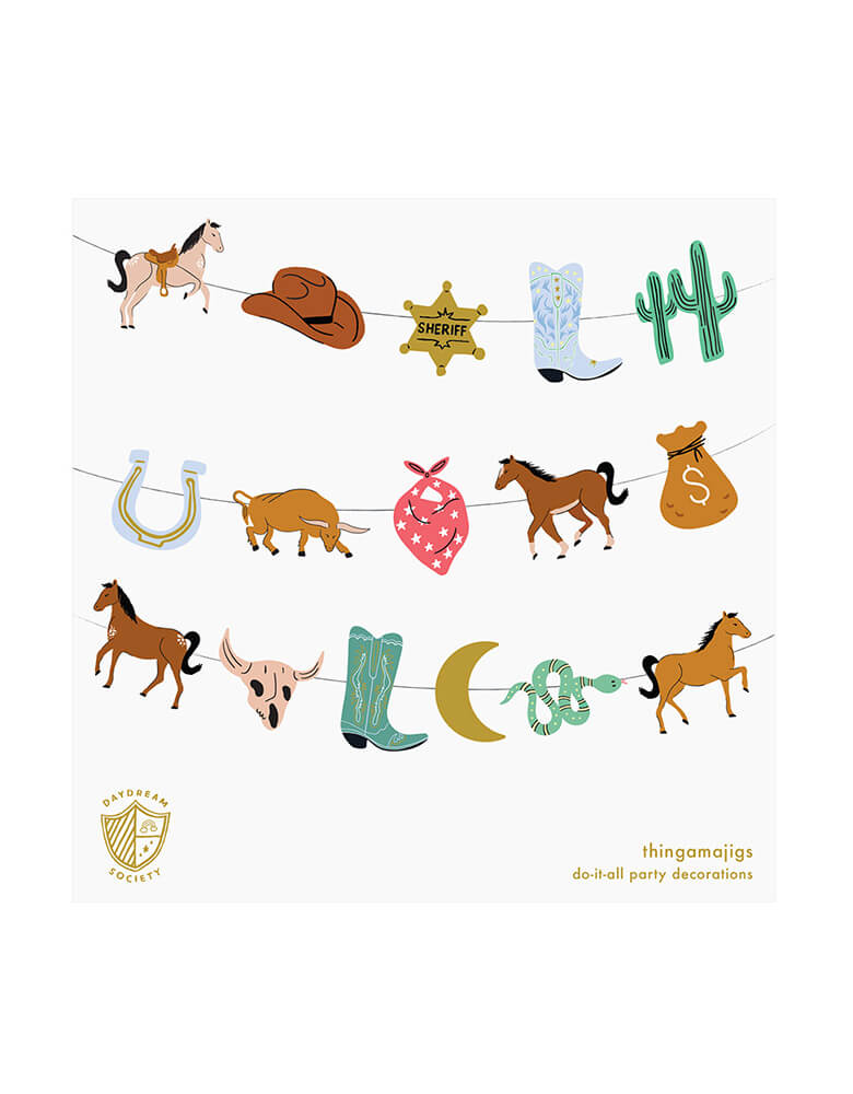Momo Party's Western Cowboy party garland by Daydream Society. Comes in 16 pennants with Western cowboy rodeo themed elements including horses, a cactus, cowboy boots, buffalos, a snake, a horseshoe, a red bandana, a bull skull, and a money bag. This awesome party garland set is all you need to transform your party into the wild west! 