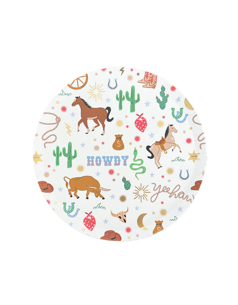 Momo Party's 8" western cowboy small party plates by Daydream Society. <span>These small plates feature classic cowboy motifs with rodeo elements like horses, cactus, horseshoes, bull skulls, red bandanas, money bags in green, red, and brown. Y'all, these plates are the perfect piece to bring together your western table! They make a perfect addition to your next rodeo!