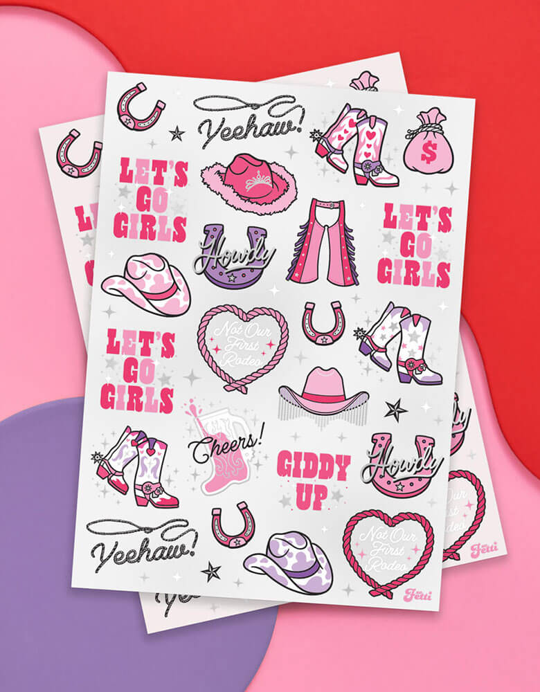 Momo Party's Rodeo Birthday Temporary Tattoos by Xo, fetti. Featuring rodeo cowgirl inspired designs including pink cowgirl hats, boots, horseshoe and messages like "Let's Go Girls" "Giddy Up", these temporary tattoos are perfect for girl's rodeo themed birthday party or a bachelorette party!