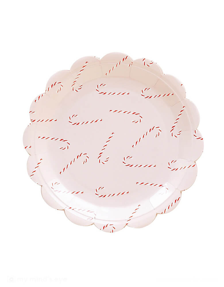 Momo Party's 9" Whimsy Santa Scattered Candy Cane Paper Plates by My Mind's Eye. Featuring candy cane pattern on a pink scallop-edged plate, it sets a perfect festive scene for your party table in a pink inspired Holiday party.