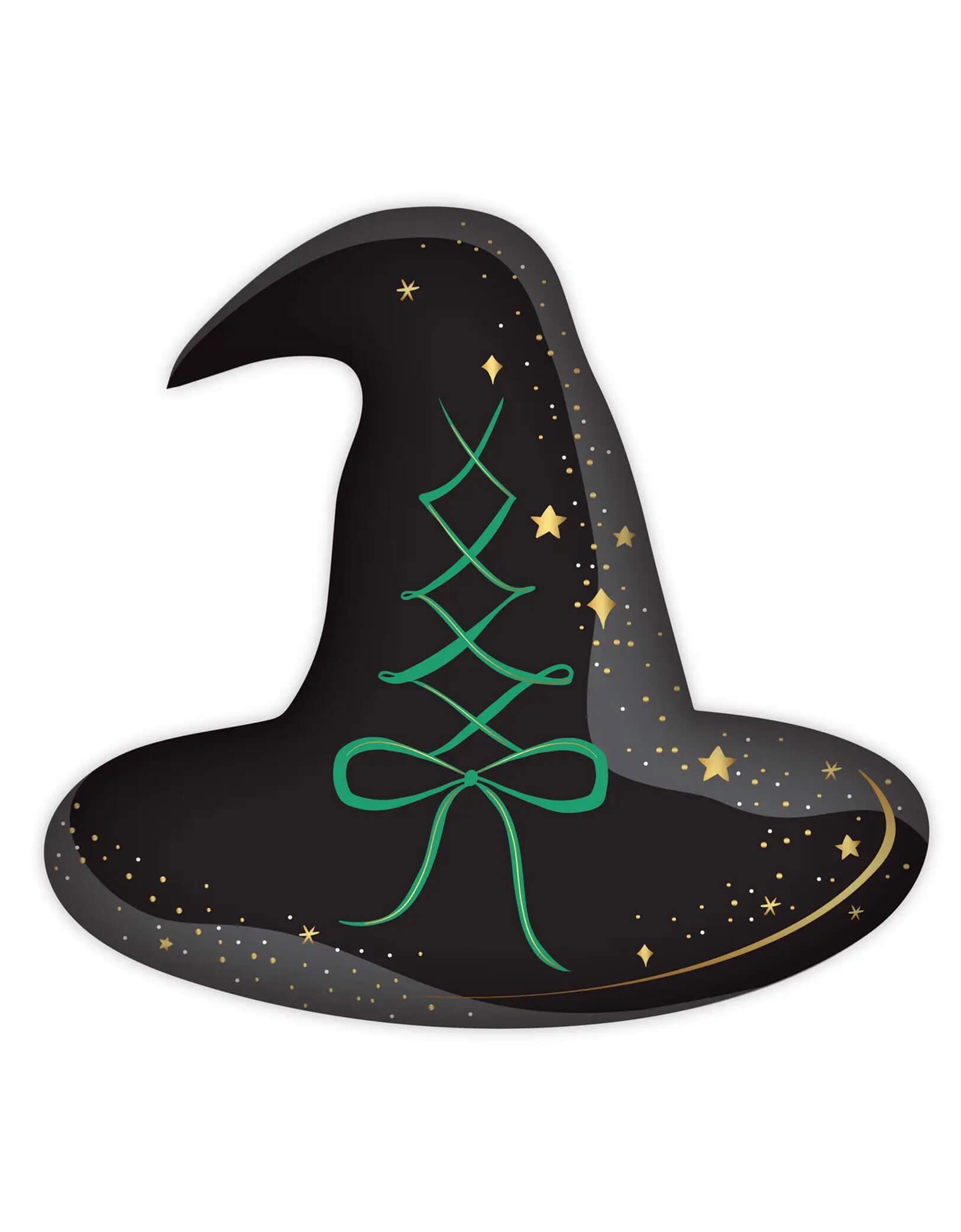 Momo Party's 12.5" x 11.5" black witch hat shaped plate by Bonjour Fete. Crafted with a striking black and emerald green color contrast, these plates add a dramatic flair to your table setting, making it both festive and unique. Perfect for serving treats or snacks, these plates bring charm and fun to your event, ensuring your Halloween soirée or Wicked themed party is truly spellbinding and memorable.